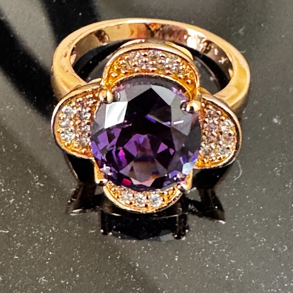 14K Gold Plated Purple Gemstone Ring Size 6 Floral Statement Cocktail Ring